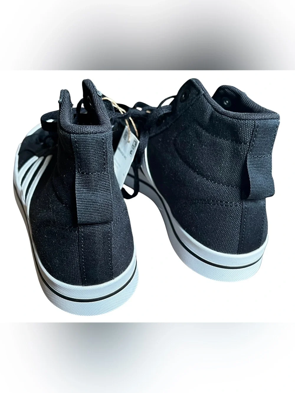 US 8.5 adidas Black High-Top Sneakers with White Stripes